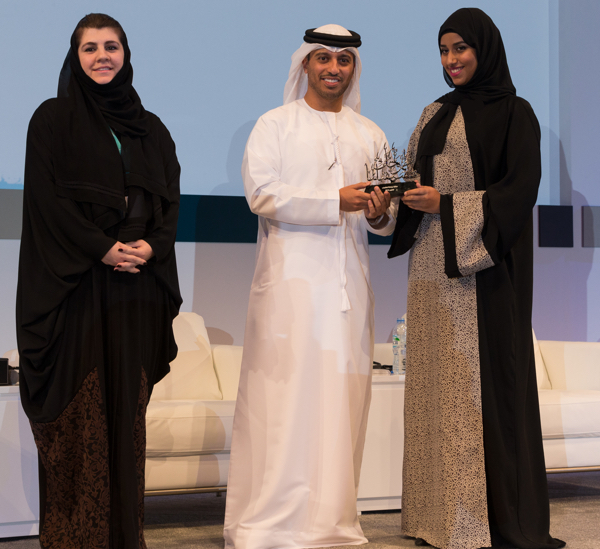 Alia AlHazami (on the right) receiving the Mubadala Youth Award (Picture Provided by Mubadala)